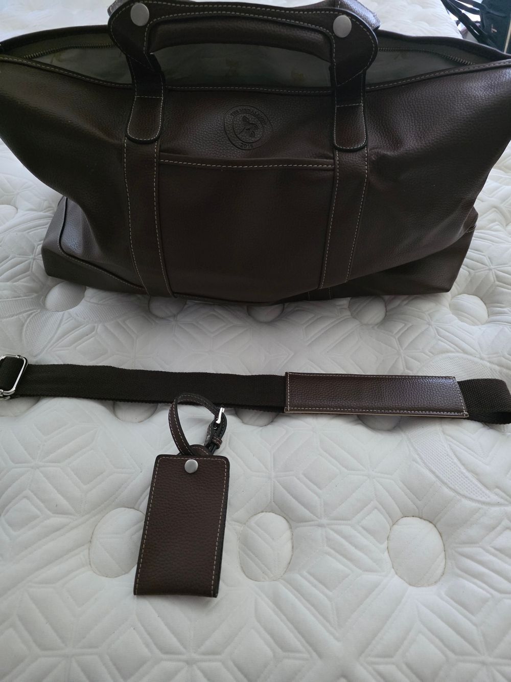Dark Brown Leather Travel Weekender Bag with Removable Strap and Luggage Tag